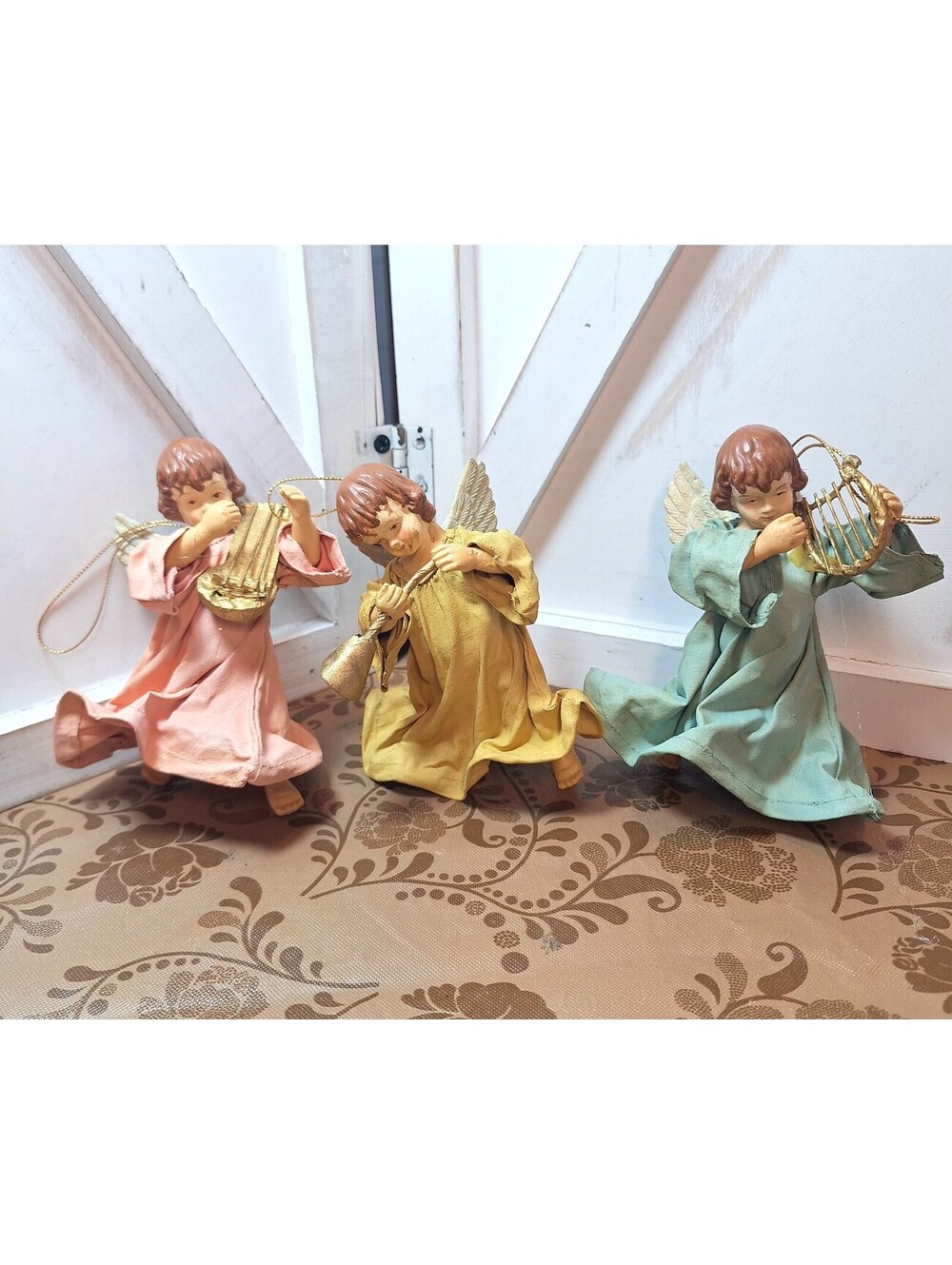 Vintage Paper Mache Angel 4" Christmas Ornaments Playing Instruments Set of 3